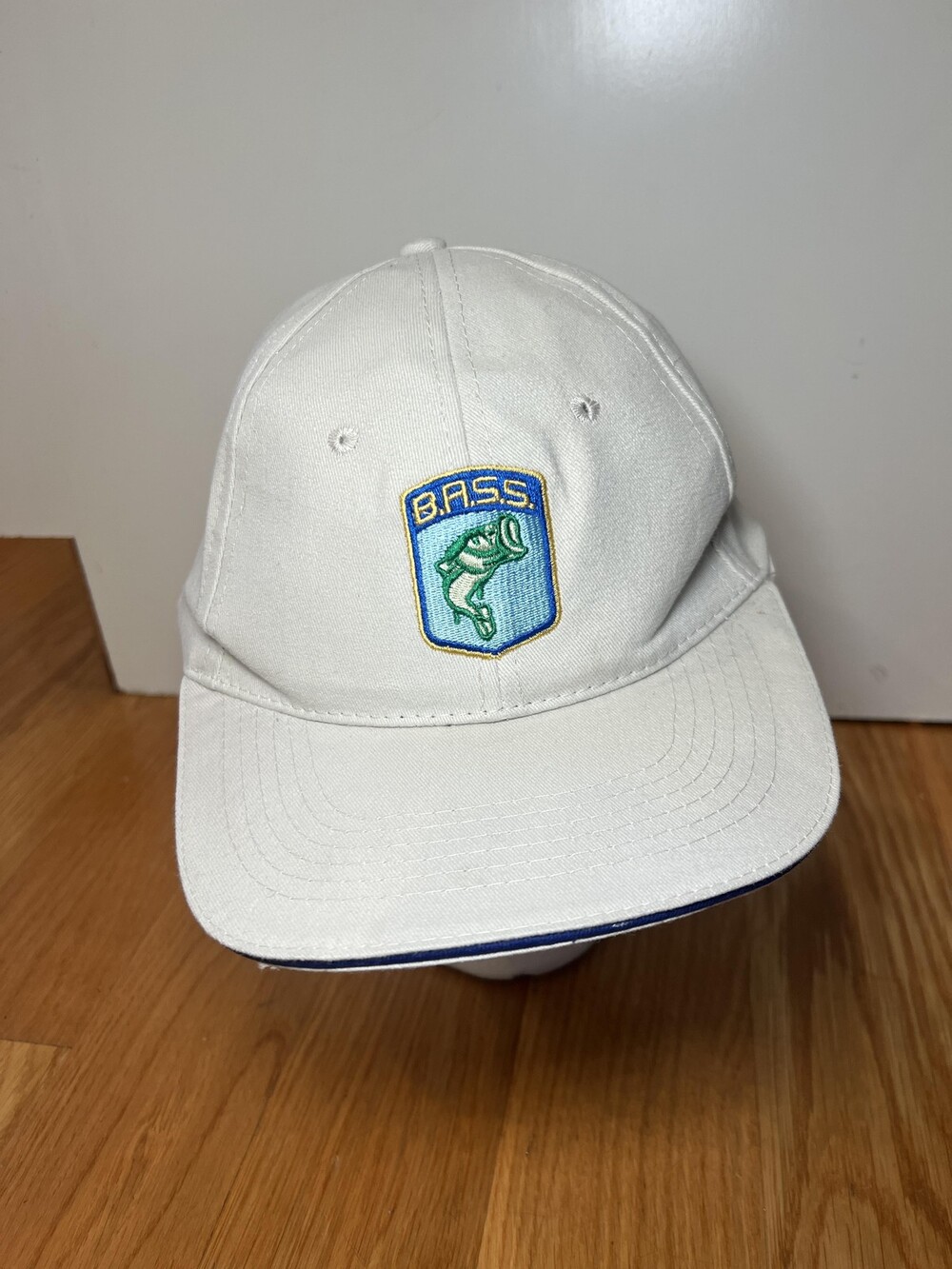 B.A.S.S. Hat Cap Strap Back White Blue Fishing Angler Embroidered Patch Mens